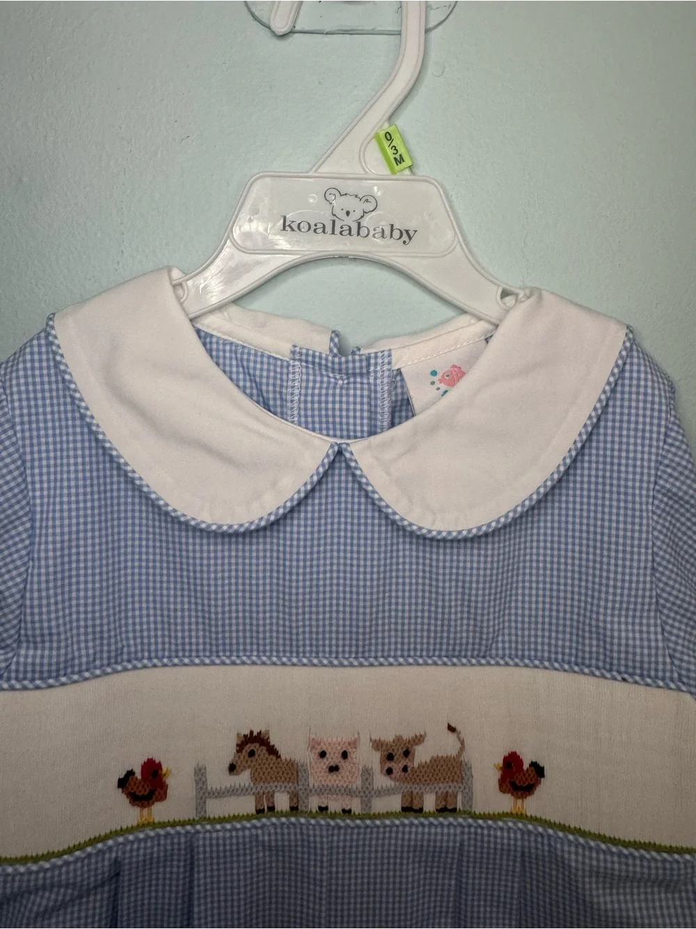 Stitchy Fish Blue Gingham Smocked Farm Animal Longall Romper Boys Size 3T